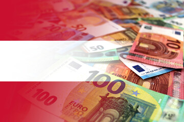 Euro banknotes colored in the colors of the flag of Austria. Gradient overlay of the Austrian flag on the euro notes.