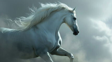 White horse in full gallop against cloudy backdrop. Ideal for equestrian enthusiasts and nature lovers
