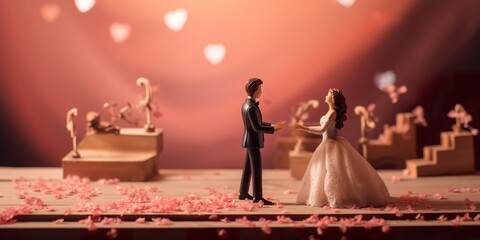 Miniature people : Bride and groom couple standing on The stage , Happy valentine's day concept