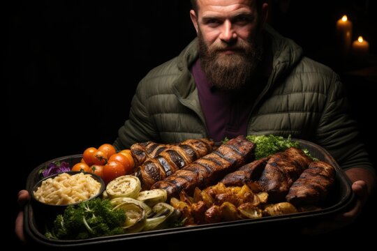 Kebab side sight ribs with fried vegetables and chopped onion and human hand and knife and ayran in the wooden food tray, generative IA