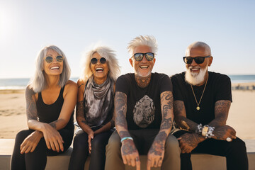 Laughing company of middle aged multiracial hipster women and men with gray hair and tattoos in black outfits sitting on the bench on seaside promenade on sunset. Stylish senior friends enjoying life.