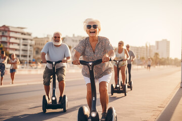 Happy emotional senior retired group of friends riding Segways on seaside quay on sunset. Active Retirement vacation. Aged people enjoy life. Active elderly people's lifestyle. Selective focus.