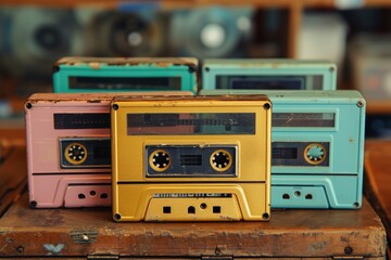 lots of vintage cassette tapes, flatlay top view.