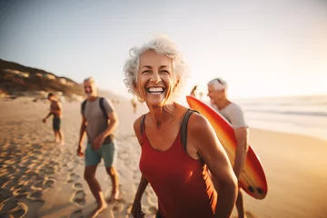 Fotobehang Laughing senior middle aged woman with gray hair and tattoos in sporty outfit walking on seaside beach with blurred aged friends in sunset. Aged people enjoy life. Active elderly people's lifestyle © okrasiuk