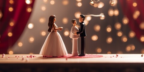 Miniature people : Bride and groom couple standing on The stage , Happy valentine's day concept