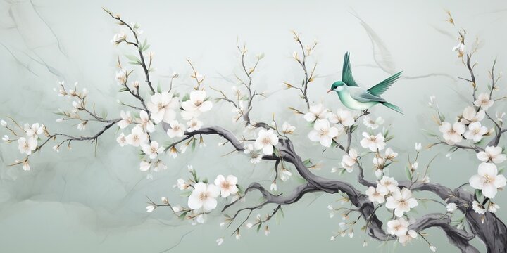 minimalistic design 3d marble mural background light simple green wallpaper . birds in branches flowers floral background with flowers and herbs