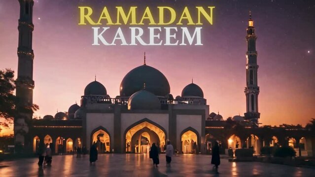 Ramadhan Kareem Video Footage, view of a magnificent mosque at night, busy Muslims playing in front of the mosque and neon style animated text of Ramadhan Kareem greetings 