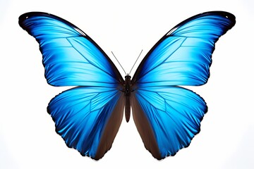 Striking blue morpho butterfly, wings shimmering with iridescence, isolated on white solid background