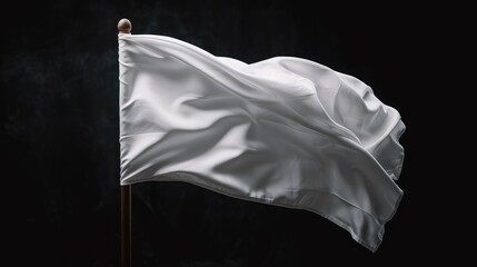 Fluttering white flag on flagpole on black background. AI generated.
