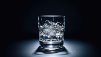 A glass with a clear liquid and an ice cube on a dark background. AI generated.