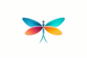 Whimsical dragonfly logo with clean vectors, minimalistic details, vivid colors, captured in HD, isolated on white solid background