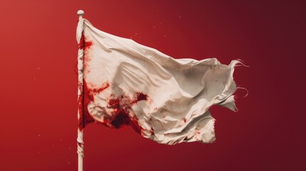 White flag with red blood stains on a red background. AI generated. - obrazy, fototapety, plakaty