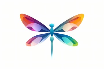 Whimsical dragonfly logo with clean vectors, minimalistic details, vivid colors, captured in HD, isolated on white solid background