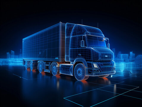 Futuristic truck with trailer scene with wireframe intersection Illustration. 