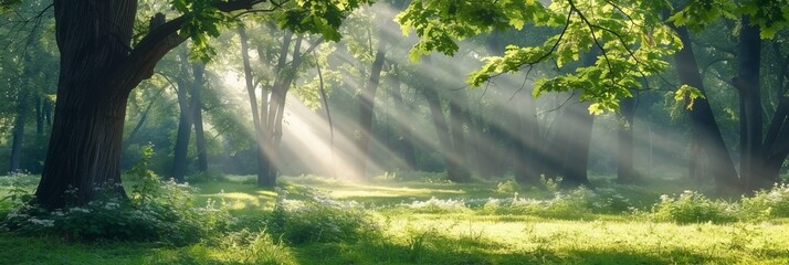 Enchanting forest scenery in summer with sun rays creating a magical natural background landscape