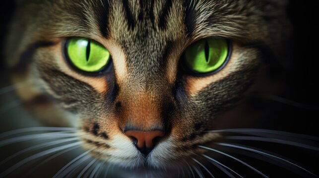 Сlose up portrait of a cat with green eyes. AI generated.