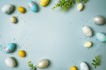 Happy Easter composition for easter design. Elegant Easter eggs and flowers on pastel blue background. Flat lay, top view, copy space.