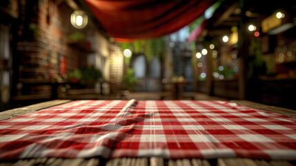 Classic red and white checkered tablecloth placed on sturdy wooden table. Perfect for adding touch of charm to any rustic or outdoor setting - obrazy, fototapety, plakaty