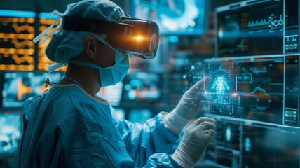 scientist working with virtual reality headset or 3d glasses in the laboratory