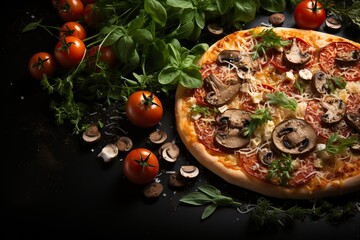 Pizza cooking food ingredients spices on black background, mushrooms, tomatoes, cheese, pepper, salt, basil, olive, Italian pizza on black concrete, copy space, top view, banner