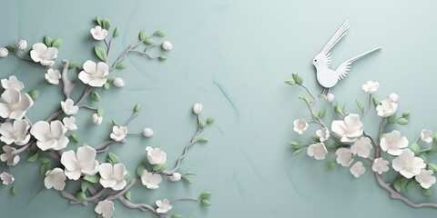 minimalistic design 3d marble mural background light simple green wallpaper . birds in branches flowers floral background with flowers and herbs