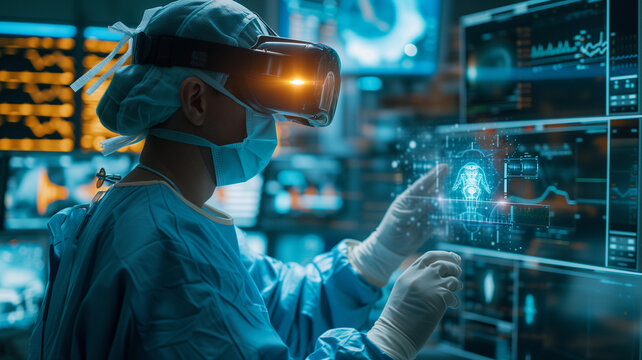 scientist working with virtual reality headset or 3d glasses in the laboratory