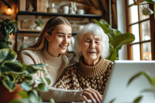 Young granddaughter teaching elderly senior woman to use a laptop computer. Happy smiling young and adult person communication