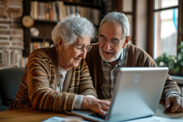 Happy family at the laptop computer. Smiling elderly senior man and woman, husband and wife - obrazy, fototapety, plakaty