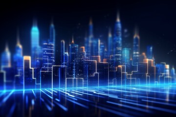 Futuristic cyberpunk digital smart city blue neon lights skyscrapers urban architecture building wireless network tech connection abstract background future technology virtual reality online logistics