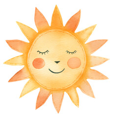 Watercolor illustration of a cute cartoon sun. Summer, weather, scandinavian, naive, folk. Transparent background, png.