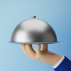 Businessman cartoon hand holding metal tray with cover isolated over blue background. 3d rendering.
