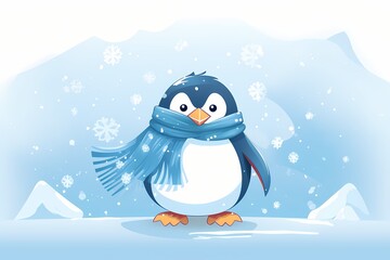 A minimalistic cartoon penguin wearing a colorful scarf, standing on an iceberg, with snowflakes falling around, isolated on a white solid background