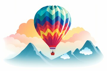 Fototapeta na wymiar A captivating, colorful vector illustration of a hot air balloon soaring amidst clouds in a minimalistic style against a white solid background