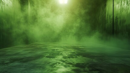 Inside a spacious, dimly lit room with a rough concrete floor, a dense, green fog creeps along a forest green background. - obrazy, fototapety, plakaty