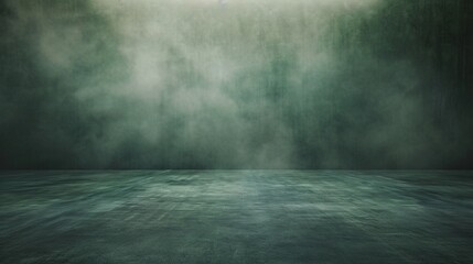 Inside an expansive, dusky room with a concrete floor, a gentle olive fog drifts across a dark green background. - obrazy, fototapety, plakaty