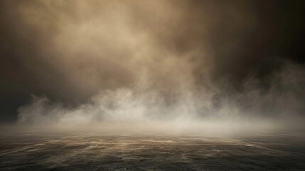 abstract image of dark brown room concrete floor panoramic view of the abstract fog white cloudiness, space for product presentation ,mist or smog moves on dark brown background