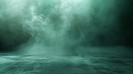 abstract image of dark green room concrete floor panoramic view of the abstract fog white cloudiness, space for product presentation ,mist or smog moves on dark green background - obrazy, fototapety, plakaty