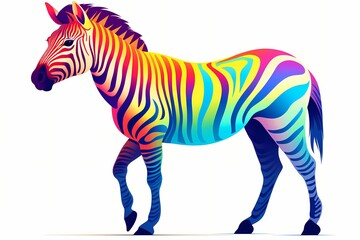 A colorful cartoon zebra with vibrant stripes, grazing peacefully, isolated on a white solid background