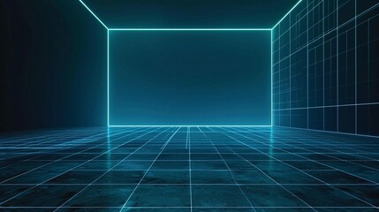 A dark room floor with a virtual reality grid in bright cyan, contrasting with a dark slate blue background.