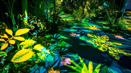 A dark room floor with vibrant green and yellow bio-luminescent plants on a forest green background.