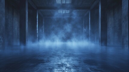 A large, shadowy chamber, its concrete floor reflecting faint light, as a deep indigo fog wafts against a navy blue background. - obrazy, fototapety, plakaty