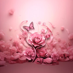 A pink rose and a butterfly on a light background. World Cancer Day