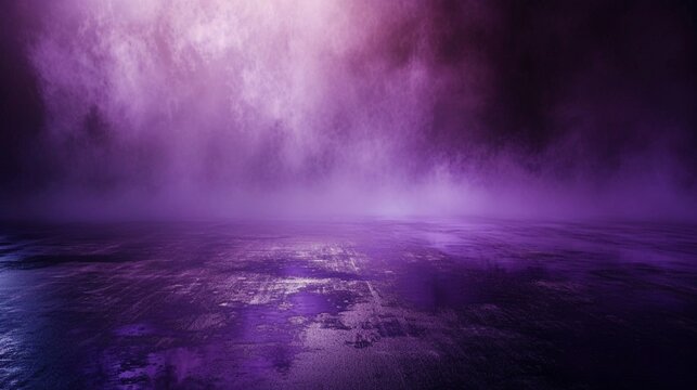 A panoramic view of a dark room, its glossy concrete floor reflecting a mysterious purple mist that drifts across a violet background. © ILOVEART