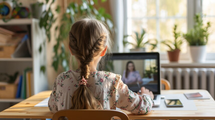 young girl engaged in an online learning session, writing notes while participating in a video call with a teacher on her laptop at a home study setup