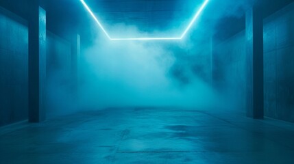 A vast, dimly lit area with a concrete floor, where a bright cyan fog moves ethereally against a sky blue background.