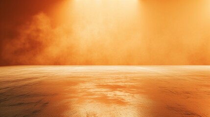 A wide, shadowy space with a polished concrete floor, enveloped by a gentle orange fog against a burnt orange background. - obrazy, fototapety, plakaty