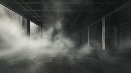 An expansive, gloomy space with a concrete floor, where a deep charcoal fog moves slowly against a dark grey background. - obrazy, fototapety, plakaty