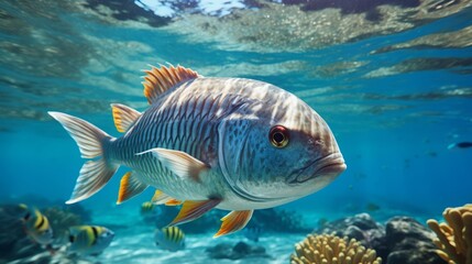 Tropical fish on coral reef. Beautiful underwater world with corals and tropical fish.