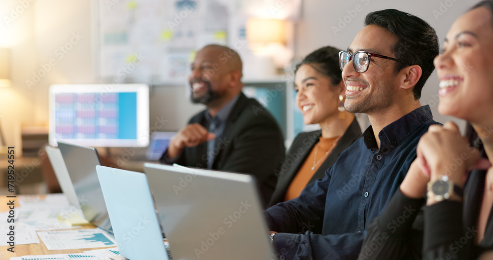 Poster man, presenter and collaboration with team in office for startup, strategy or business planning in n