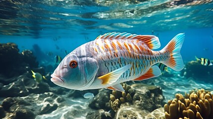 Fototapeta premium Colorful and beautiful underwater world with corals and tropical fish.